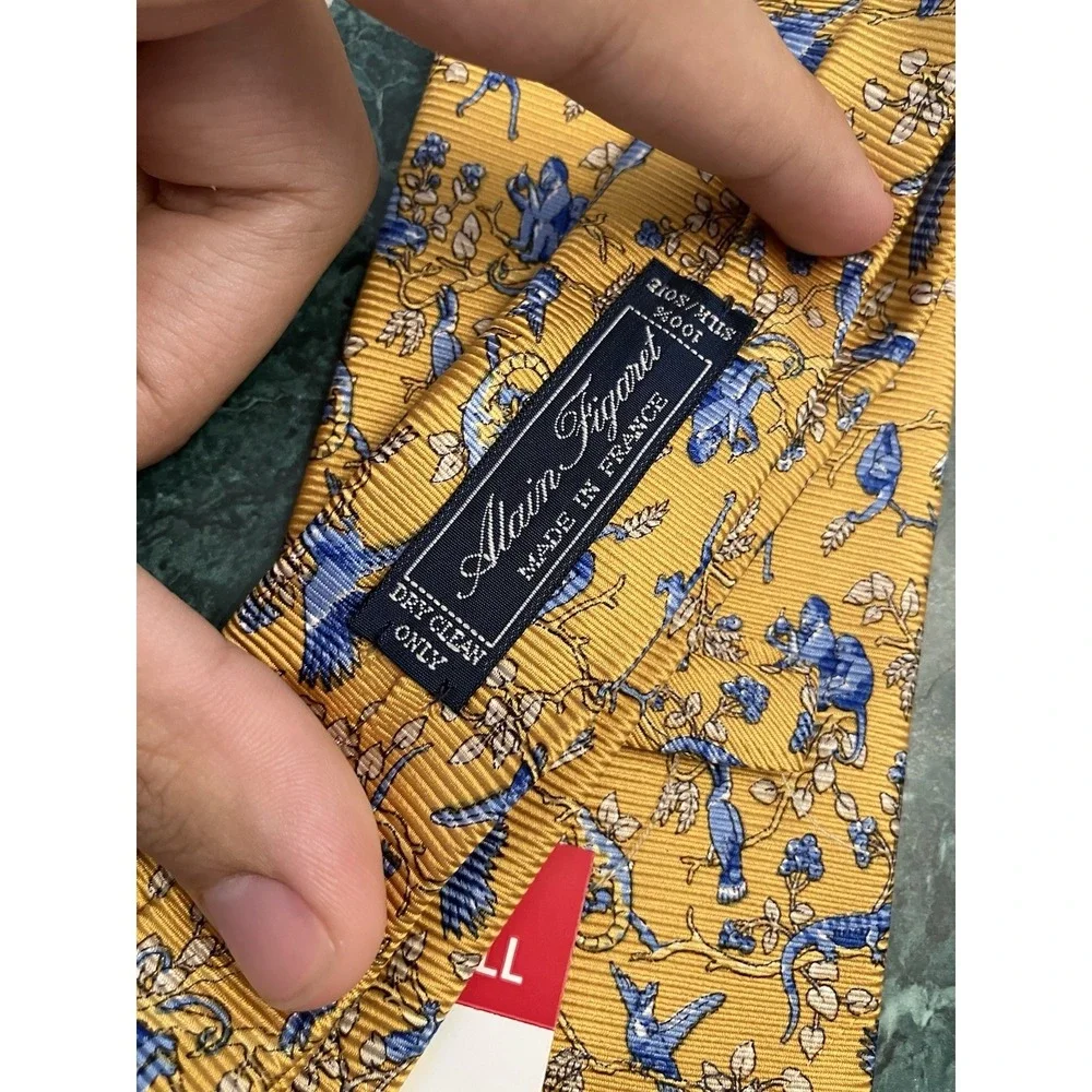 Alain Figaret Silk Tie Blue Monkey Floral Novelty Animal Pattern Made in France